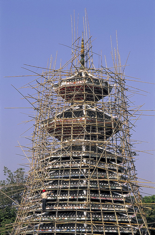 Pagoda covered in bamboo scaffolding undergoing renovation, Shenzhen, Guangdong Province, China, Asia