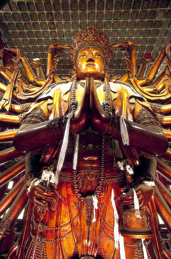 Statue of Guanyin (Goddess of Mercy), at 22 metres the largest wooden statue in the world, Temple of Universal Peace dating from 1755, UNESCO World Heritage Site, Chengde, Hebei Province, China, Asia