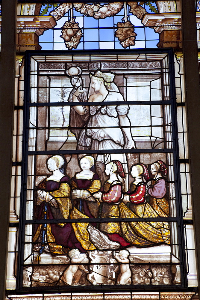 Stained glass window in the Chapel, Chateau de Chantilly, Chantilly, Ile de France, France, Europe