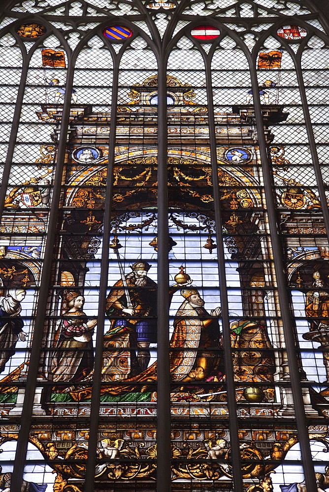 Stained glass window, St. Michel Cathedral, Brussels, Belgium, Europe