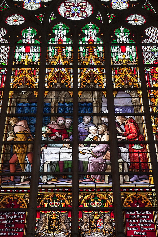 Stained glass window, St. Michel Cathedral, Brussels, Belgium, Europe