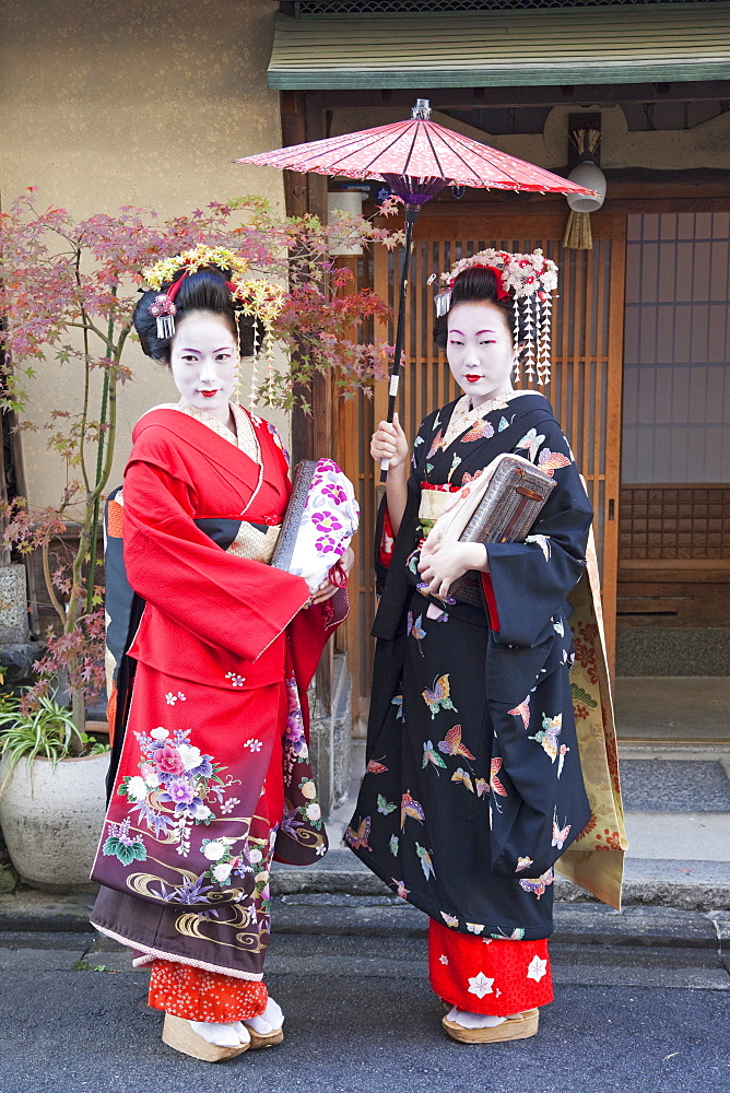 Maikos (apprentice geishas) dressed in kimonos, Gion, Kyoto, Japan, Asia