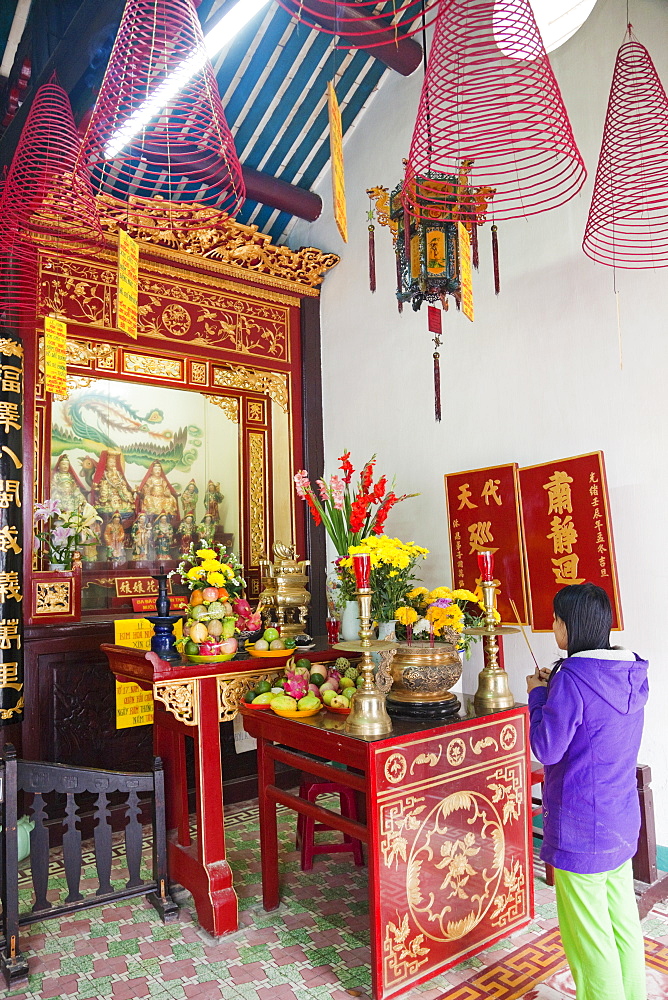 Interior of prayer hall showing Taoist gods and offerings, Phuc Kien Assembly Hall, Hoi An, Vietnam, Indochina, Southeast Asia, Asia