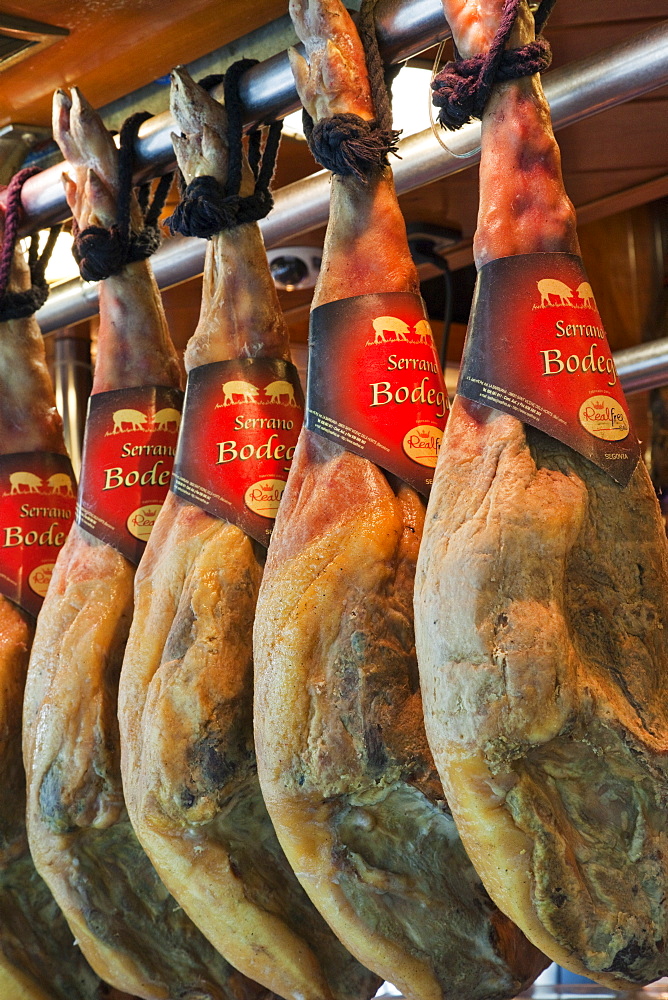 Spanish hams, La Boqueria Market, The Ramblas, Barcelona, Catalonia, Spain, Europe