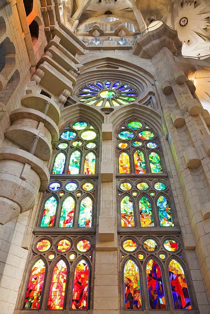 Stained glass windows, Sagrada Familia, UNESCO World Heritage Site, Barcelona, Catalonia, Spain, Europe