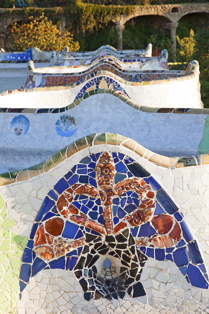 Mosaic detail of the Terrace seats, Guell Park, UNESCO World Heritage Site, Barcelona, Catalonia, Spain, Europe