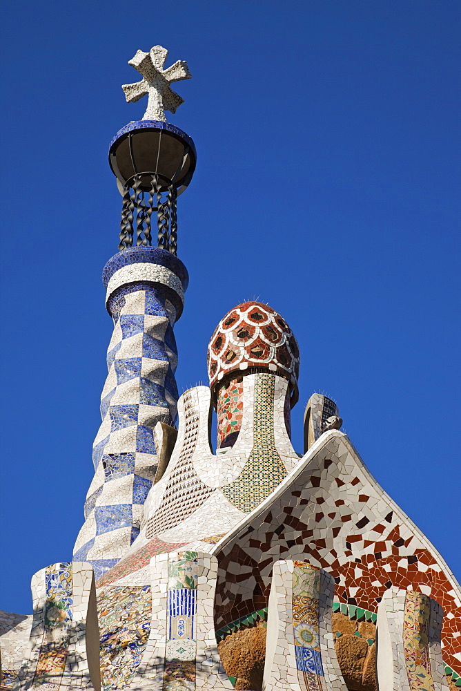 Gatehouse roof detail, Guell Park, UNESCO World Heritage Site, Barcelona, Catalonia, Spain, Europe