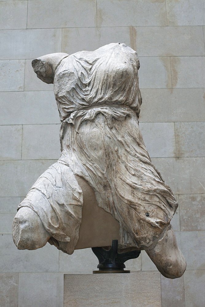 Elgin Marbles from the Parthenon in Athens showing torso of Iris dating from the 4th century BC, British Museum, Bloomsbury, London, England, United Kingdom, Europe