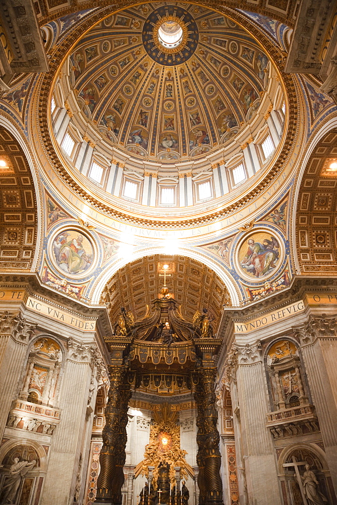 Interior of the dome and the papal altar, St. Peter's, The Vatican, Rome, Lazio, Italy, Europe