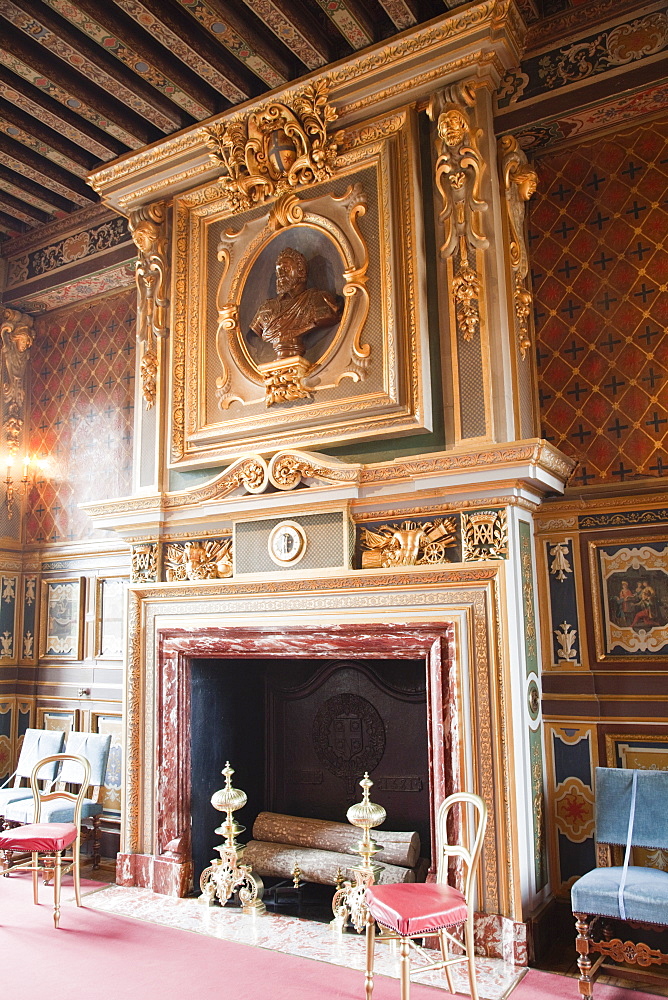 The dining room fireplace, Cheverny Castle, Loir et Cher, Loire Valley, France, Europe