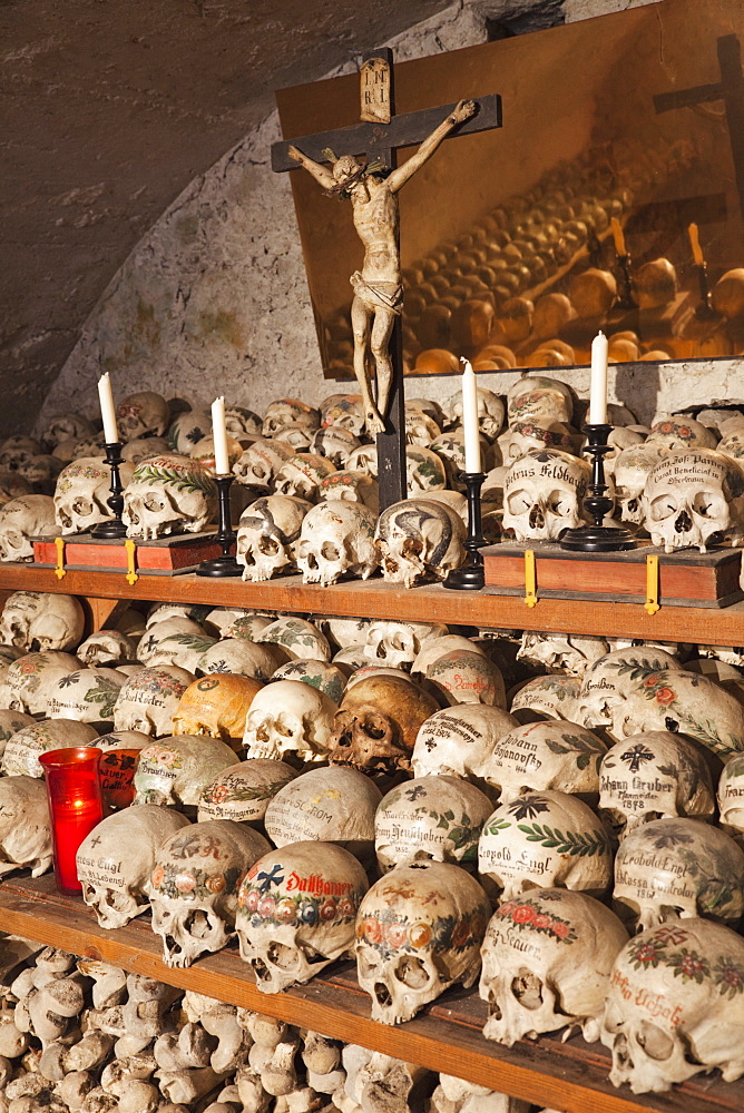 Skulls in the Charnel House, Chapel of St. Michael Church, UNESCO World Heritage Site, Hallstatt, Salzkammergut, Austria, Europe