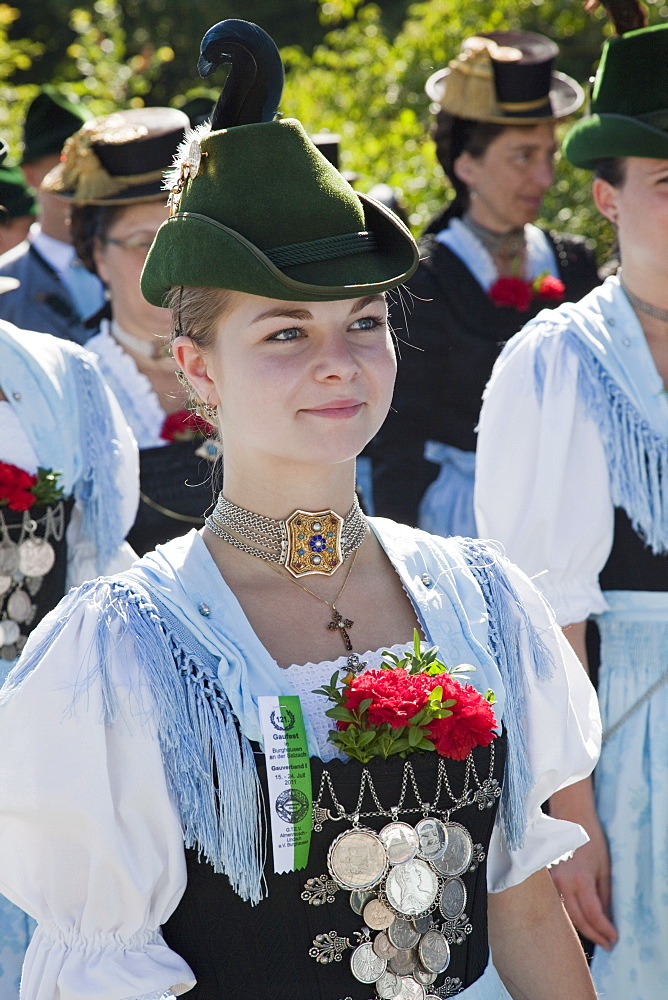 Girl in traditional Bavarian costume at Folklore Festival, Burghausen, Bavaria, Germany, Europe