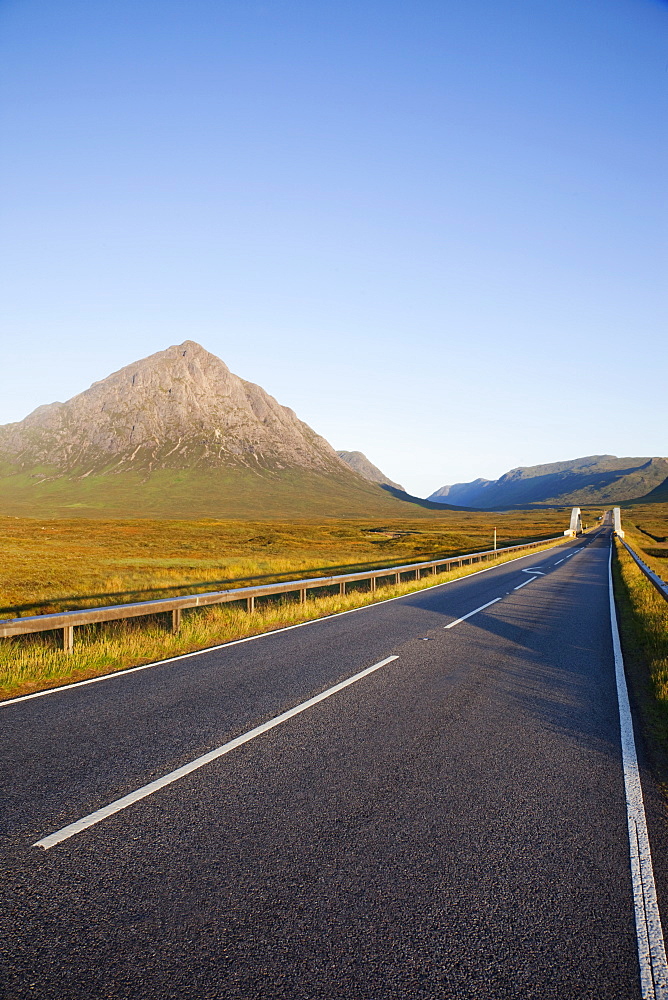 Empty road and Buchaille Etive Mor, Glen Coe, Highlands, Scotland, United Kingdom, Europe