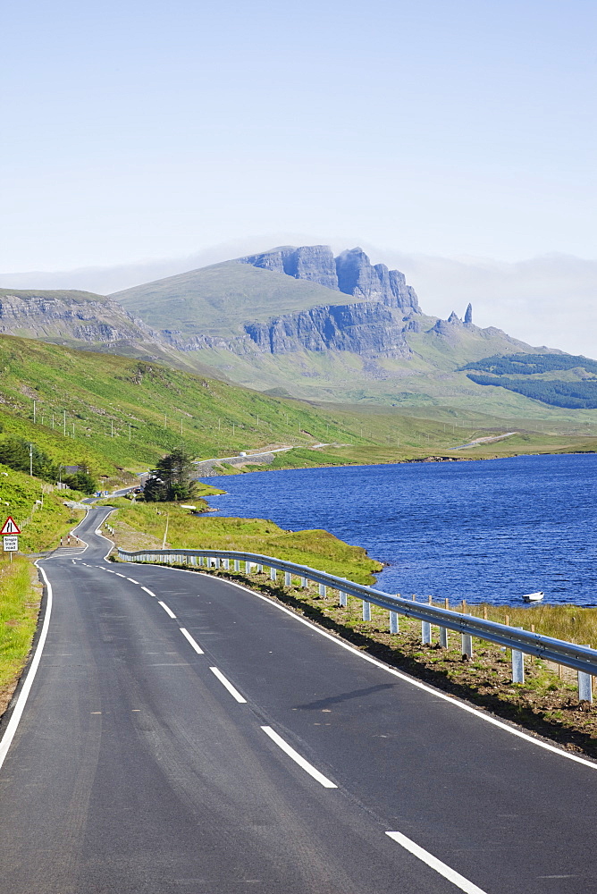 Road and Old Man of Storr mountain, Trotternish Peninsula, Isle of Skye, Inner Hebrides, Scotland, United Kingdom, Europe