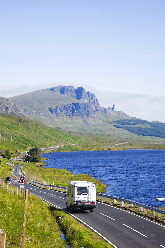 Camper on road and Old Man of Storr Mountain, Isle of Skye, Inner Hebrides, Scotland, United Kingdom, Europe