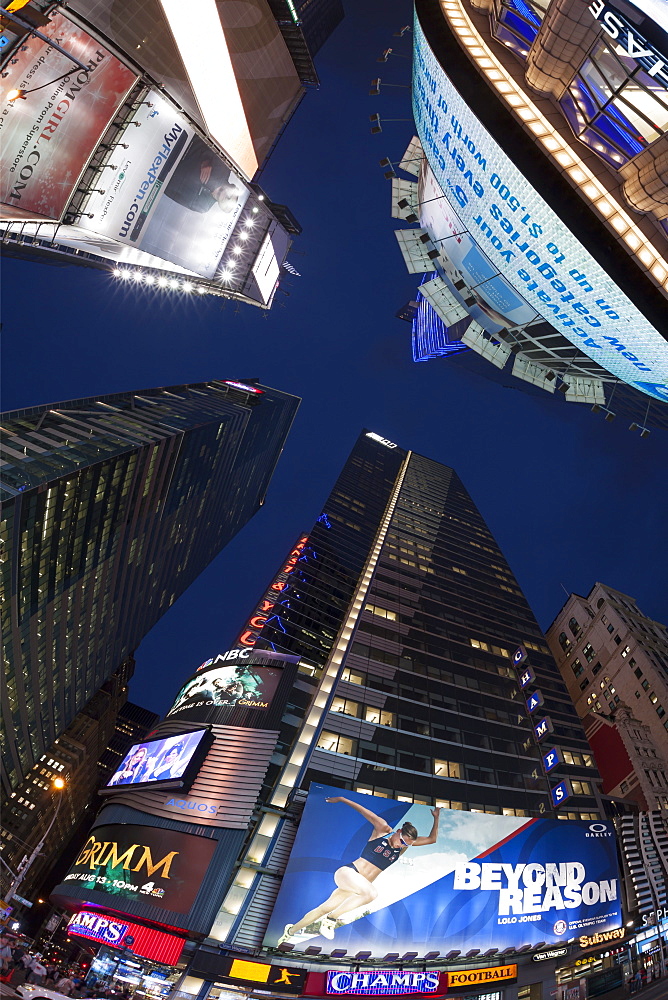 Fisheye lens image of night time at Times Square in New York, New York State, United States of America, North America