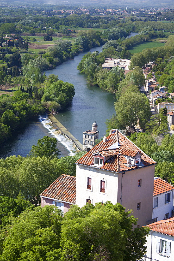 View of the River Orb from the top of Beziers Cathedral, Beziers, Languedoc-Roussillon, France, Europe