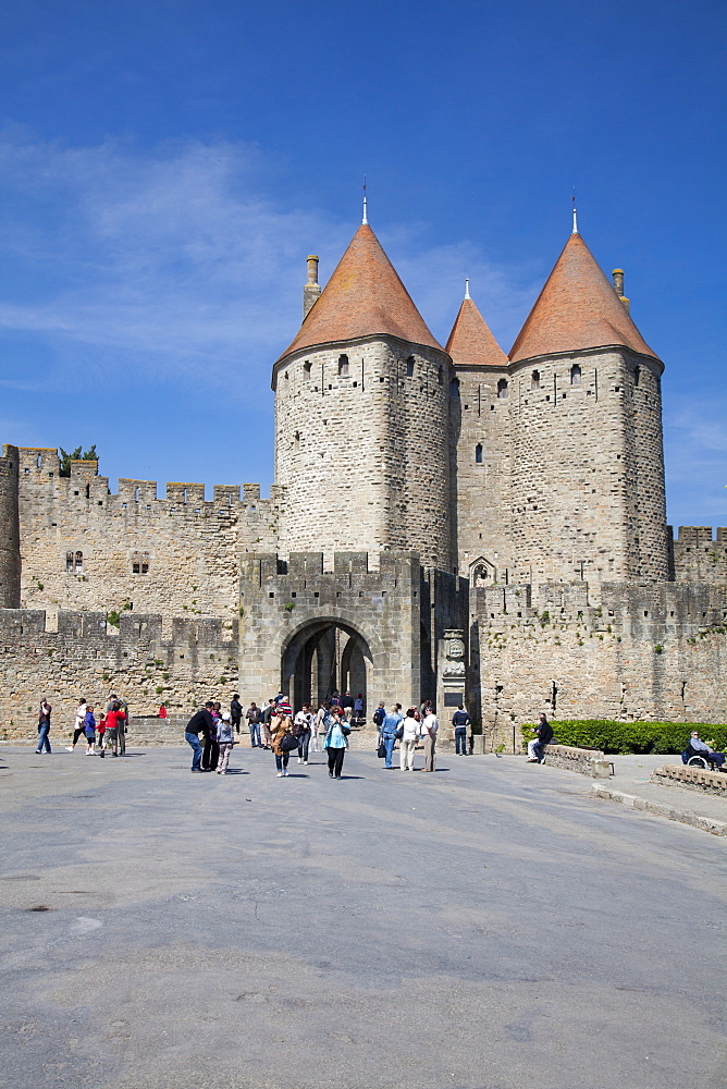 The turrets at the main entrance into medieval city of La Cite, Carcassonne, UNESCO World Heritage Site, Languedoc-Roussillon, France, Europe