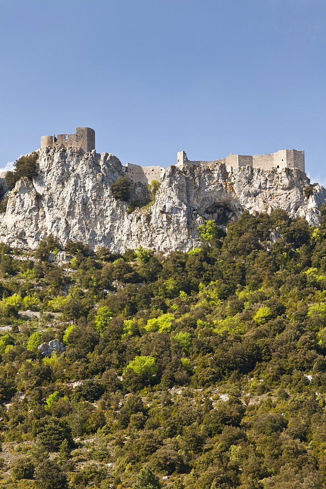 View of the Cathar castle of Peyrepertuse in Languedoc-Roussillon, France, Europe