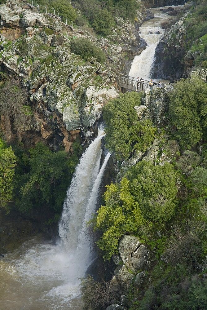 Aerial Sa'ar waterfall in the Golan Heights, Israel