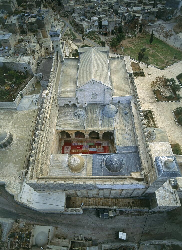 Aerial view of the Haram el Kahalil compound within the modern city of Hevron, Israel