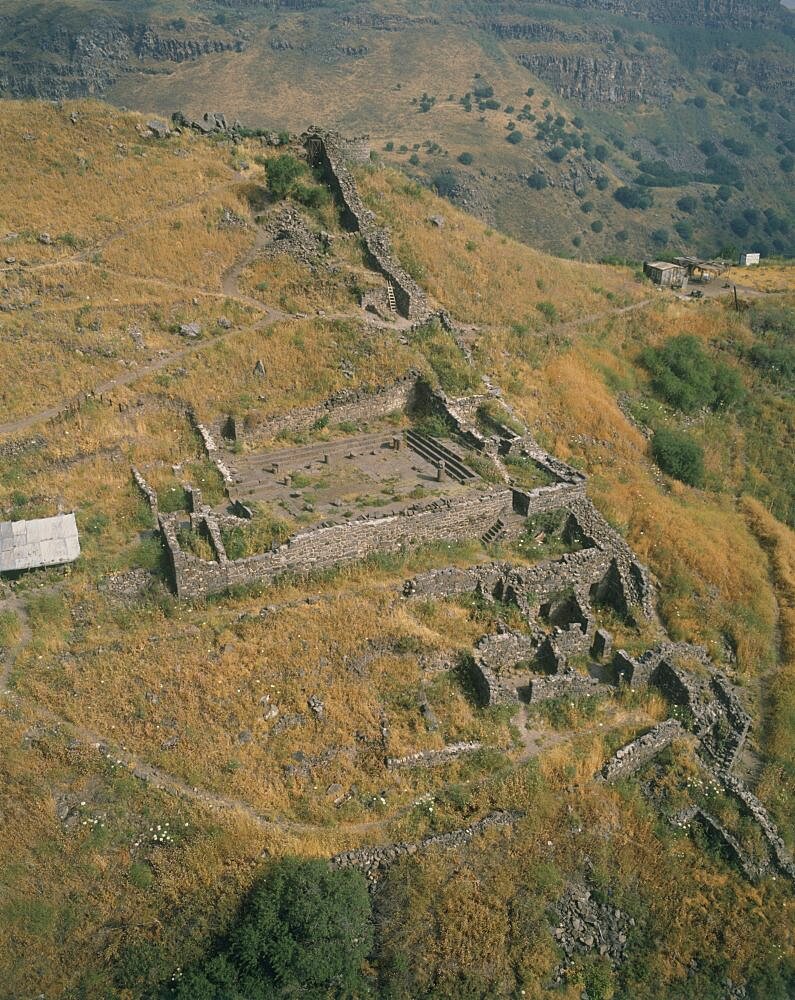 Aerial photograph of an ancient synagogue ruins at ancient Gamla, Israel