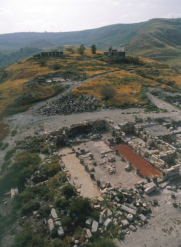 Aerial ruins of the ancient city of Sussita in the southern Golan heights, Israel