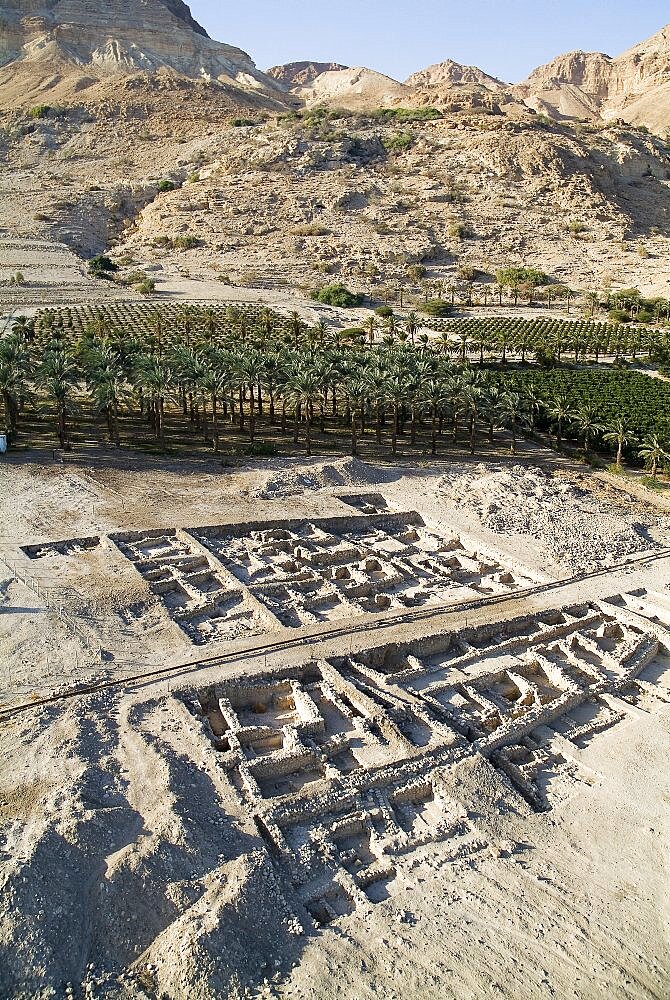 Aerial excavation of Ein Gedi in the northern basin of the Dead Sea, Israel