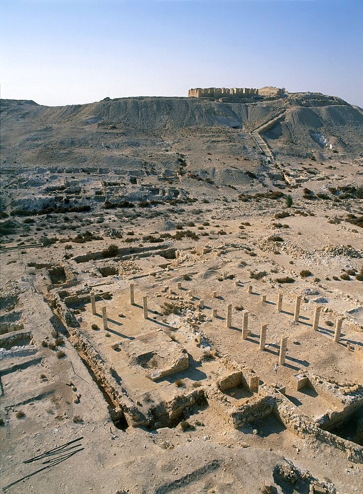 Aerial view of the ruins of a church at Shivta in the northern Negev, Israel