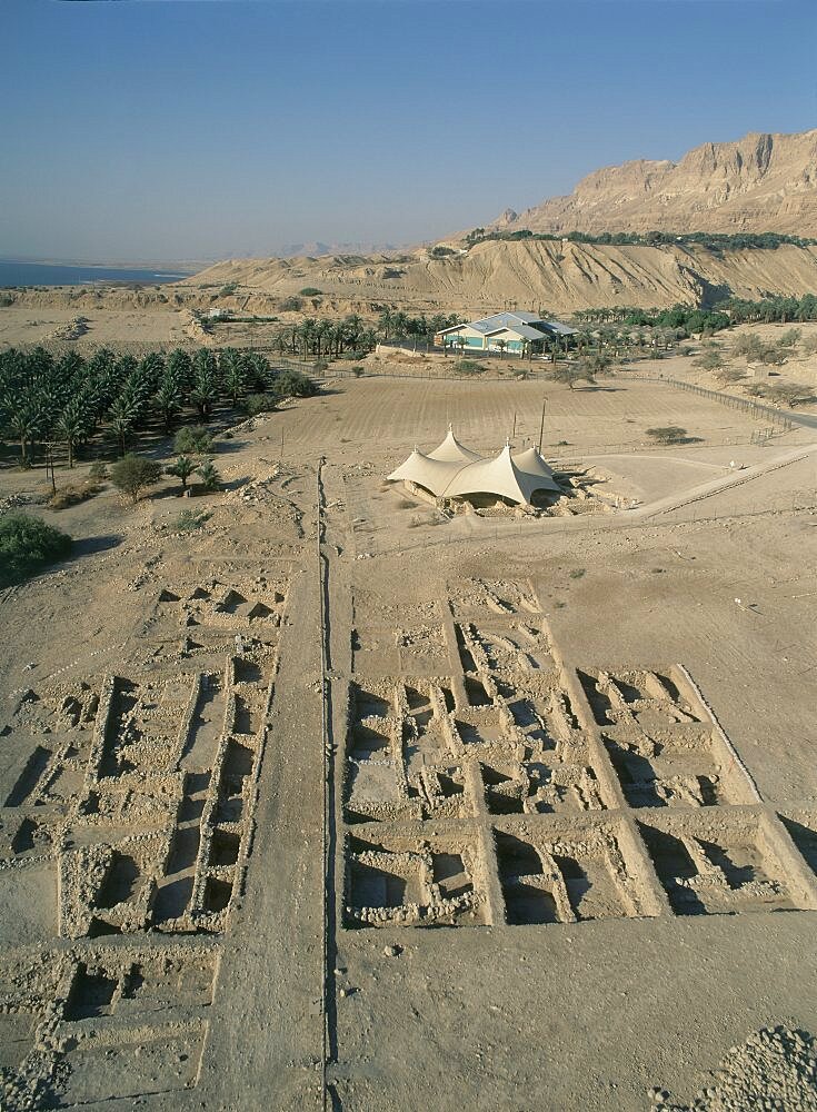 Aerial ancient synagogue of En Gedi in the Judean Desert near the Dead sea, Israel