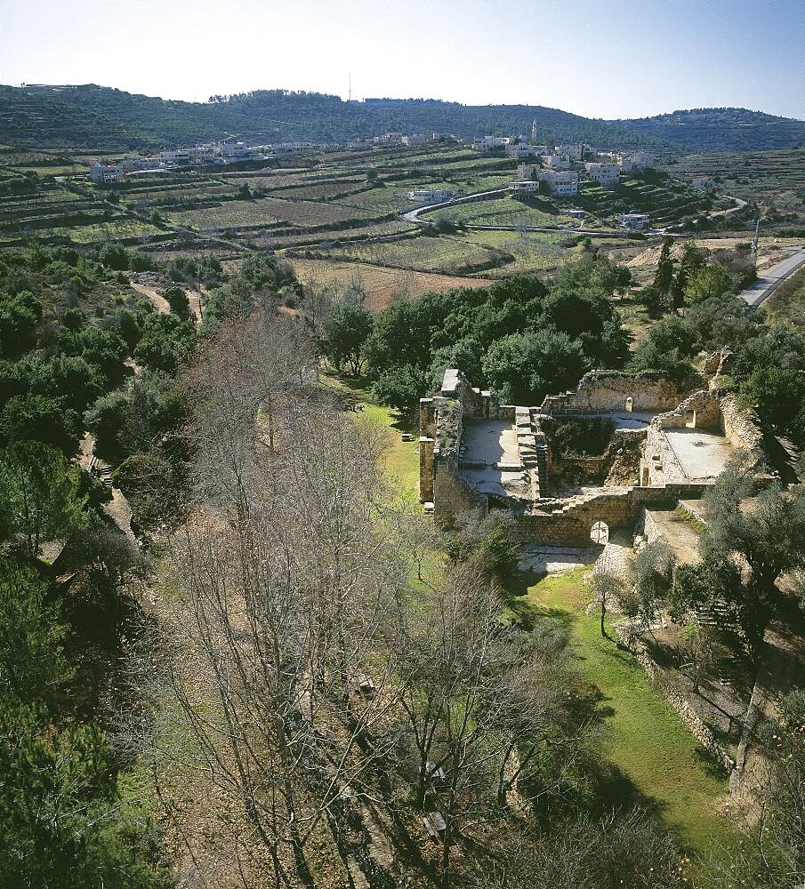 Aerial view of the ruins of the agricultural estate at En Hemed west of Jerusalem, Israel