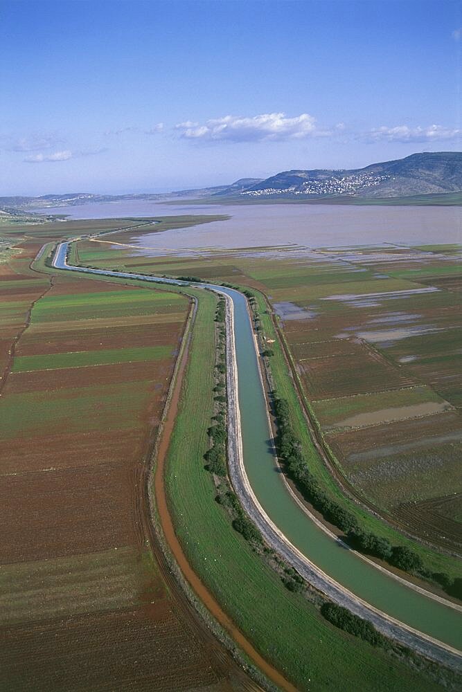 Aerial photograph of an open canal of the National Water conduit in Beit Netofa valley in the Lower Galilee, Israel