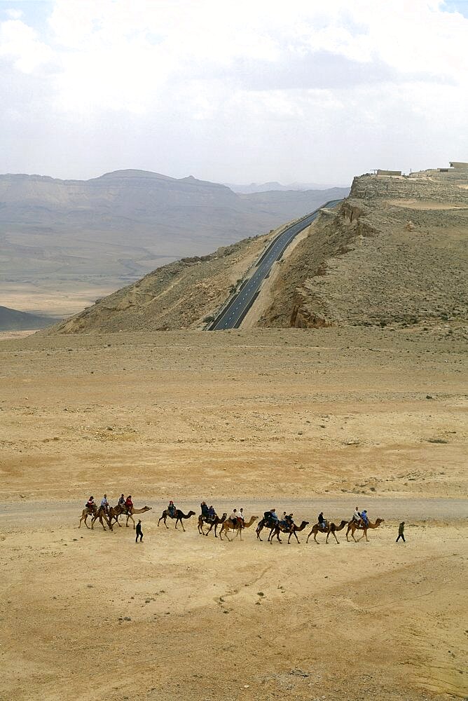 Aerial photograph of a caravan of camels near the modern town of Mitzpe Ramon in the Negev desert, Israel