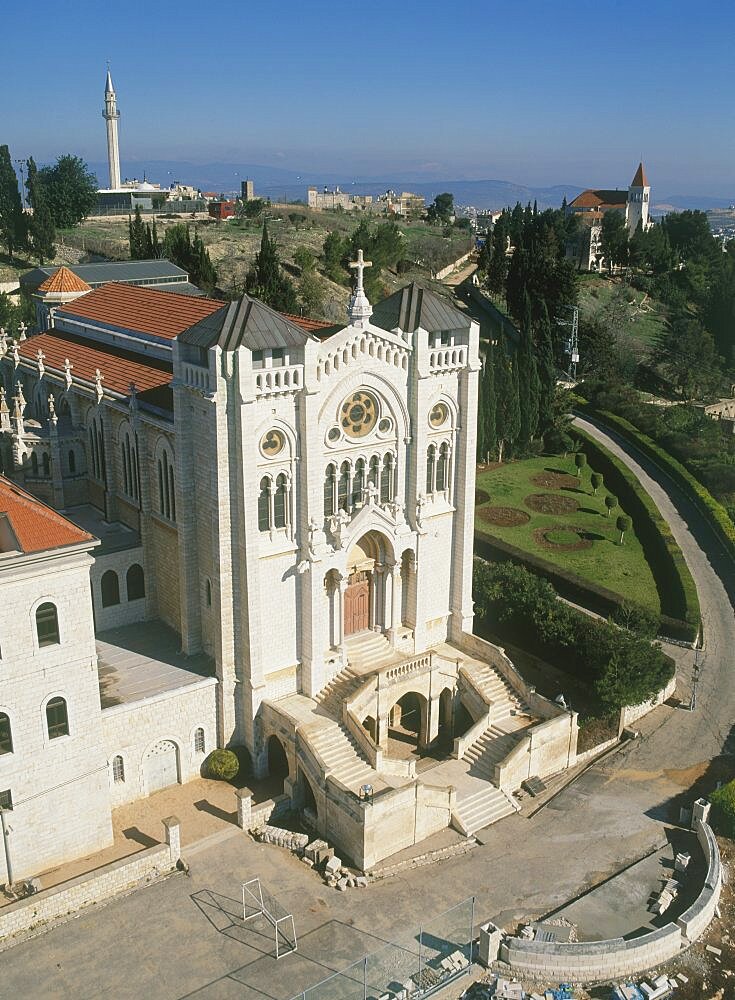 Aerial Church of the Adolescent Jesus in the modern city of Nazareth in the Lower Galilee, Israel