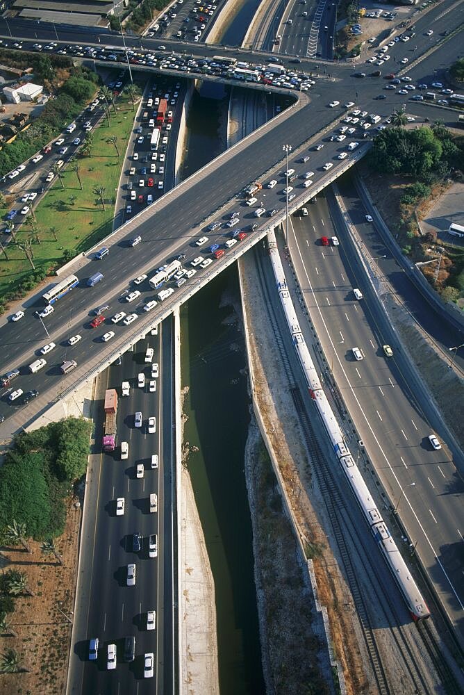 Aerial Ayalon highway in Tel Aviv during rush hour, Israel