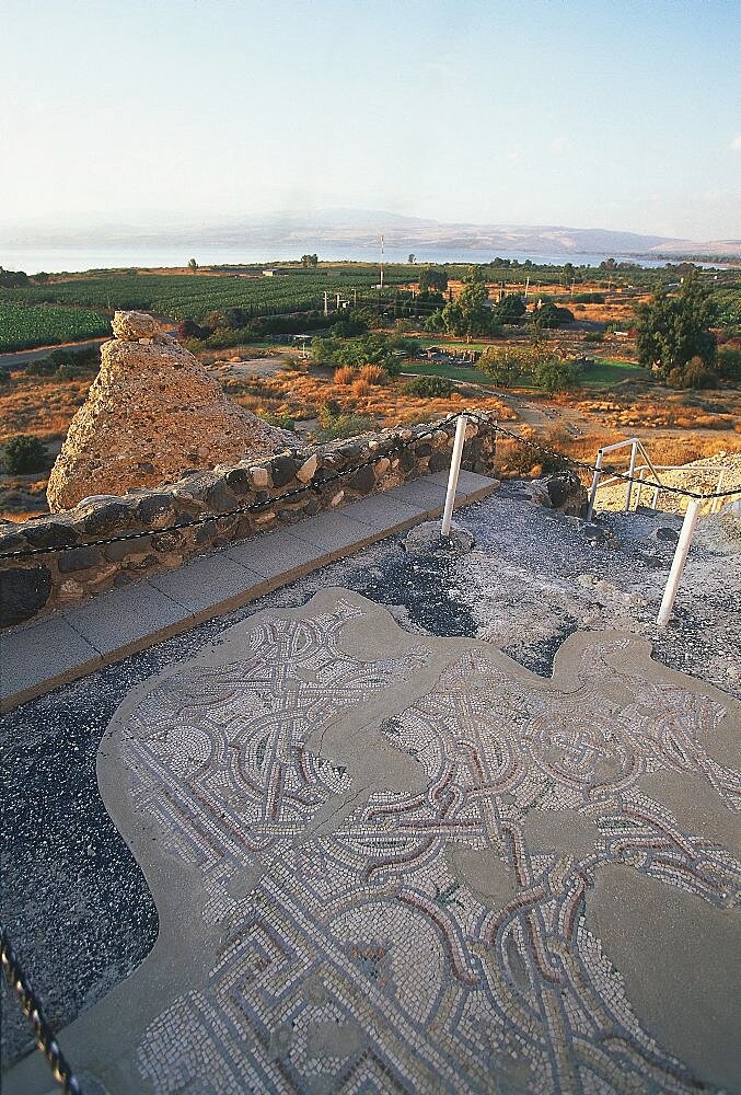 Photograph of the Mosaic floor of the archeologic site of Kursi in Southern Golan Heights, Israel