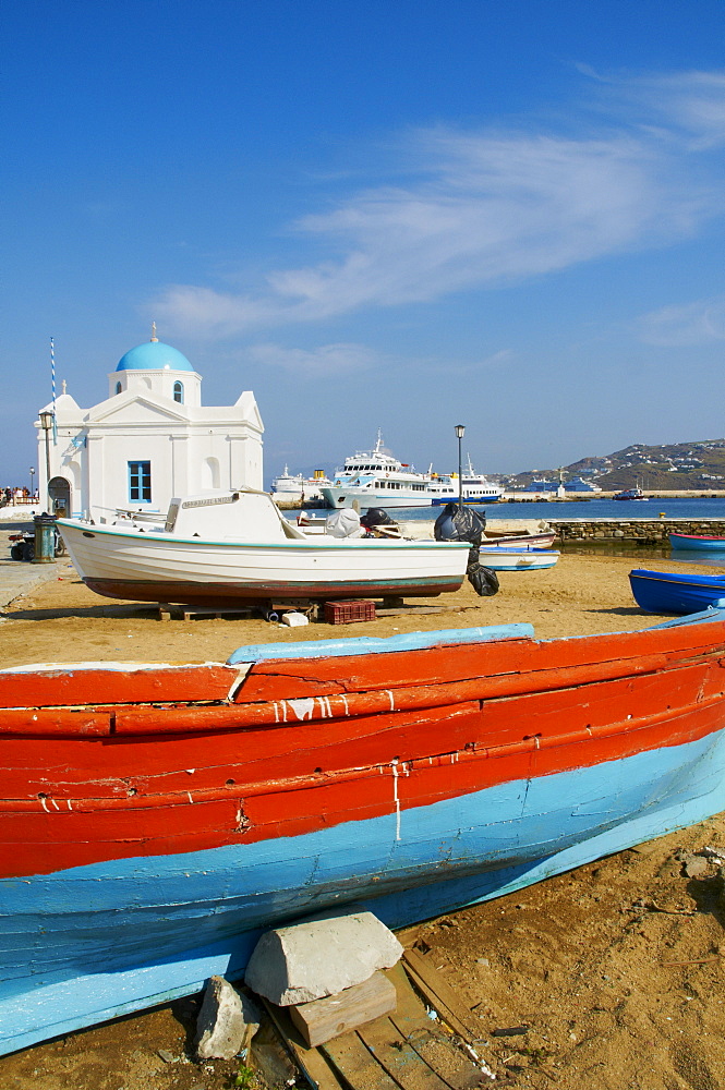 White chapel with blue dome, harbour and boats, Hora, Mykonos, Cyclades, Greek Islands, Greece, Europe