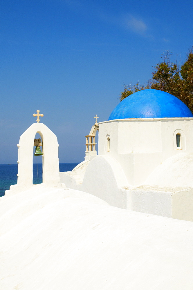 White chapel with blue dome, Hora, Mykonos, Cyclades, Greek Islands, Greece, Europe