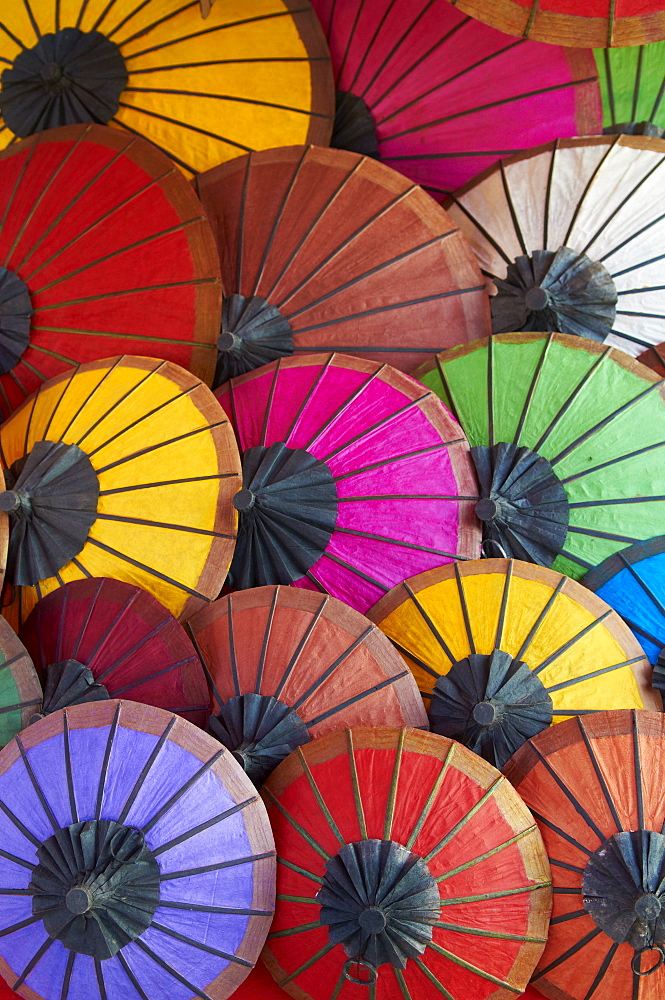 Handmade paper umbrellas in the night market, Luang Prabang, Laos, Indochina, Southeast Asia, Asia