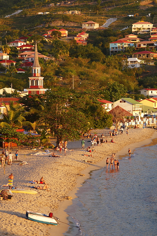 Beach and church, Grande Anse, Les Anses d'Arlet, Martinique, Windward Islands, French Overseas Department, West Indies, Caribbean, Central America