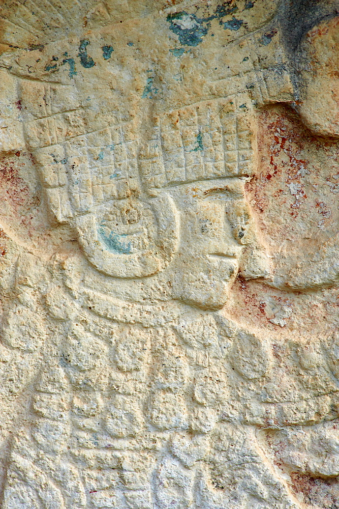 Detail of stone relief, ancient Mayan ruins, Chichten Itza, UNESCO World Heritage Site, Yucatan, Mexico, North America