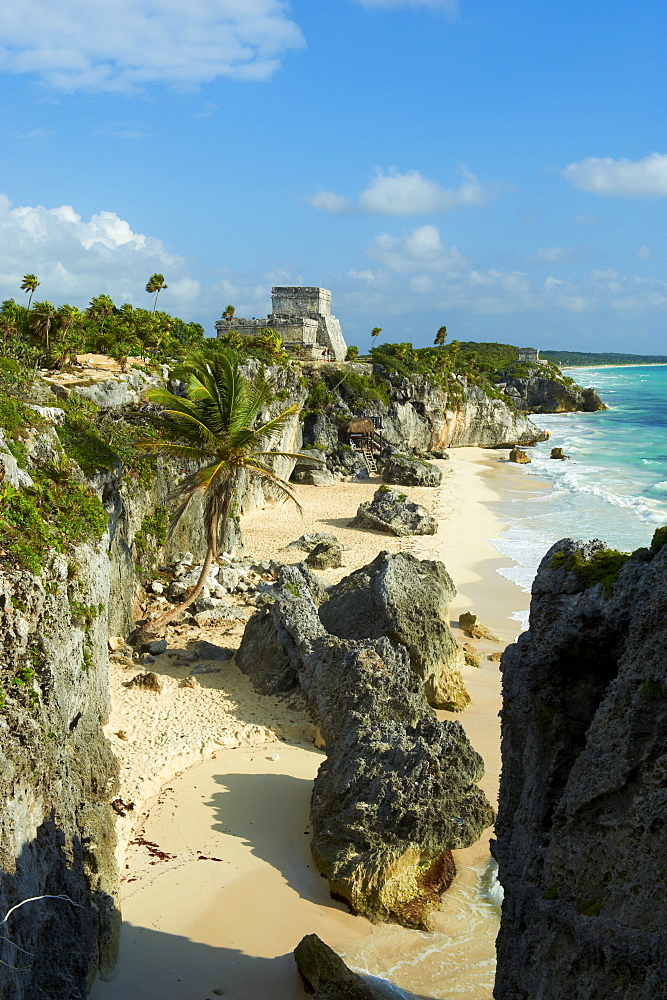 Tulum beach and El Castillo temple at ancient Mayan site of Tulum, Tulum, Quintana Roo, Mexico, North America