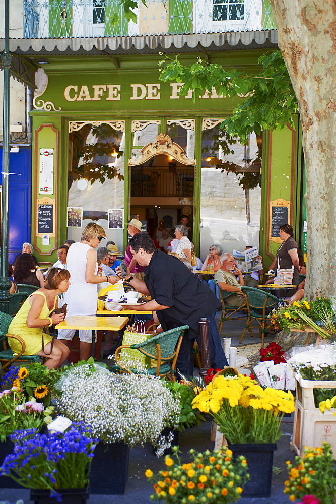 Flowers near the cafe in Isle sur la Sorgue, a village island surrounded by the river Sorgue, Luberon, Vaucluse, Provence, France, Europe