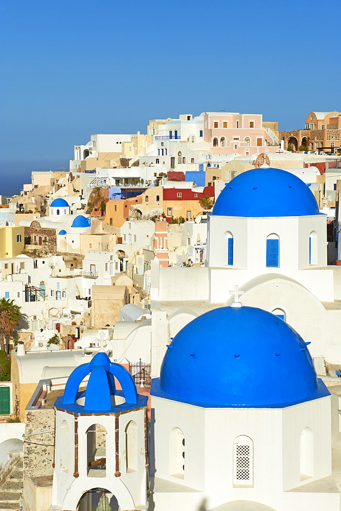 Church with blue dome, Oia (Ia) village, Santorini, Cyclades, Greek Islands, Greece, Europe