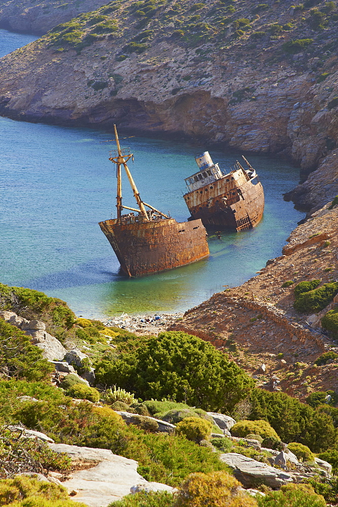 Wreck of the boat from The Big Blue movie, Amorgos, Cyclades, Aegean, Greek Islands, Greece, Europe