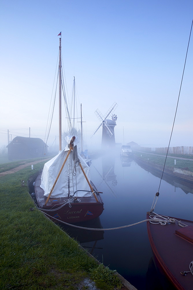 A misty spring morning at Horsey Staithe, Norfolk Broads, Norfolk, England, United Kingdom, Europe