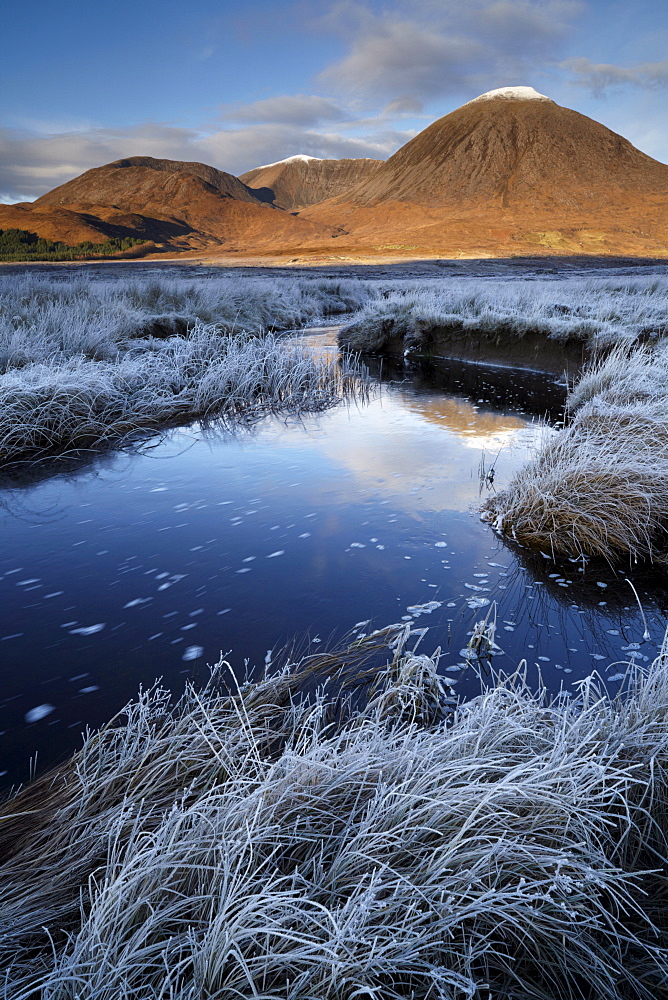 A beautiful frosty morning in Strath Suardal showing the snow topped mountain Beinn na Caillich, Isle of Skye, Scotland, United Kingdom, Europe