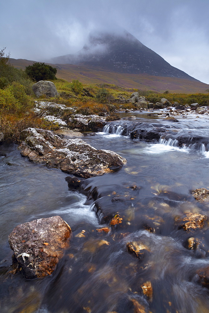 Mountains shrouded in low cloud in an autumn view of Glen Sannox, Isle of Arran, Scotland, United Kingdom, Europe