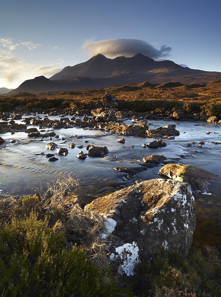 A winter morning view of the mountain Sgurr nan Gillean, Glen Sligachan, Isle of Skye, Inner Hebrides, Scotland, United Kingdom, Europe