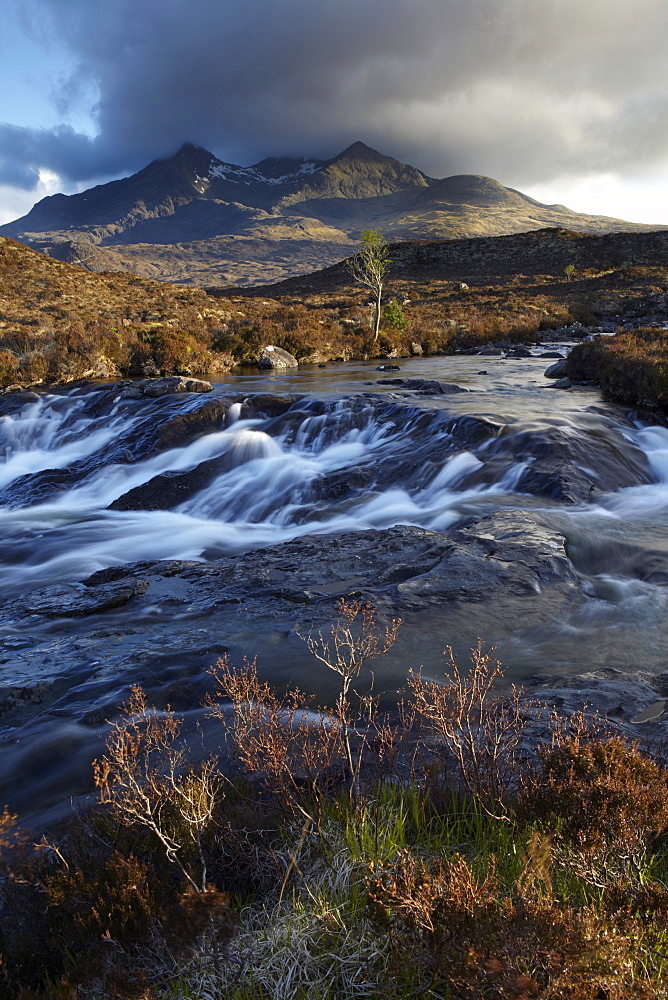 The mountain Sgurr nan Gillean viewed across the river at Glen Sligachan, Isle of Skye, Scotland, United Kingdom, Europe